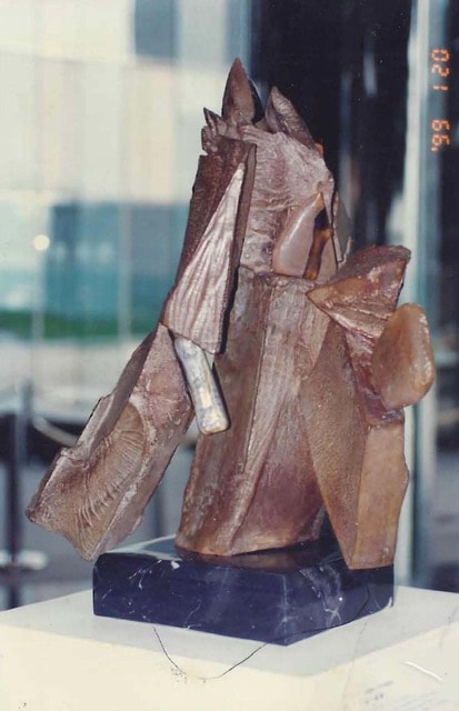 Blocky abstract bronze sculpture